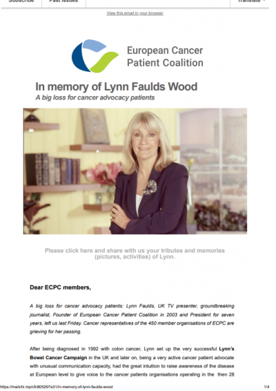 In memory of Lynn Faulds Wood newsletter preview