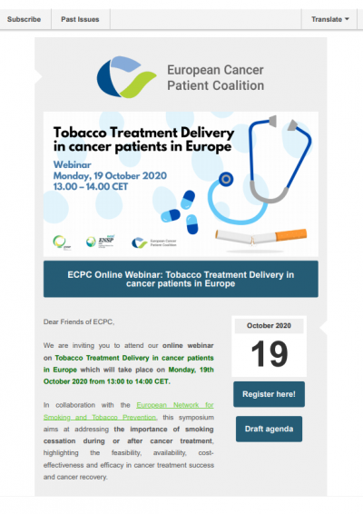 ENSP-ECPC Webinar Invitation: Tobacco Treatment Delivery In Cancer Patients In Europe newsletter preview