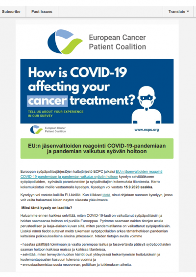 EU:n Jäsenvaltioiden Reagointi COVID-19-Pandemiaan Ja Pandemian Vaikutus Syövän Hoitoon newsletter preview