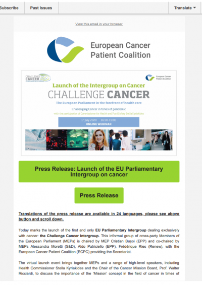 Press Release: Launch of the EU Parliamentary Intergroup on cancer newsletter preview