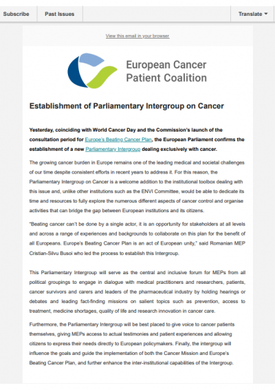 A Parliamentary Intergroup on Cancer newsletter preview