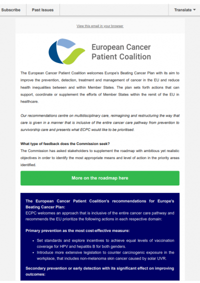 Recommendations For Europe’s Beating Cancer Plan newsletter preview