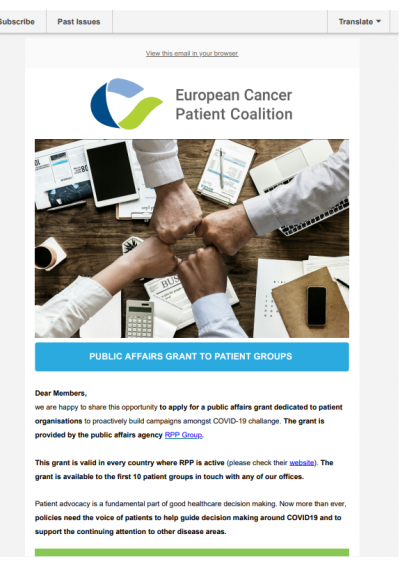 PUBLIC AFFAIRS GRANT TO PATIENT GROUPS TO PROACTIVELY BUILD CAMPAIGNS AMONGST COVID-19 CHALLENGE newsletter preview