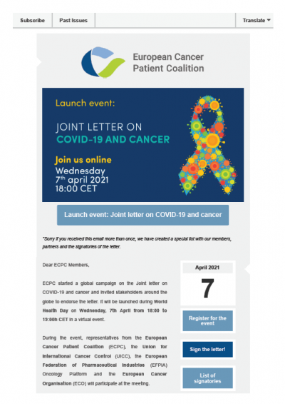 Launch Event: Joint Letter On COVID-19 And Cancer newsletter preview