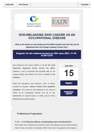 INVITATION: Non-Melanoma Skin Cancer As An Occupational Disease. newsletter preview