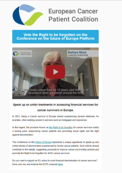 Speak Up On Unfair Treatments In Accessing Financial Services For Cancer Survivors In Europe newsletter preview