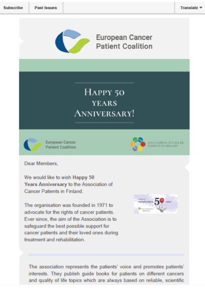 The Association Of Cancer Patients In Finland Is Celebrating Its 50th Jubilee newsletter preview