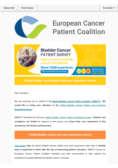 WBCPC Bladder Cancer Patient Survey newsletter preview