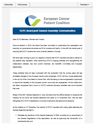 ECPC Board Post General Assembly Communication newsletter preview