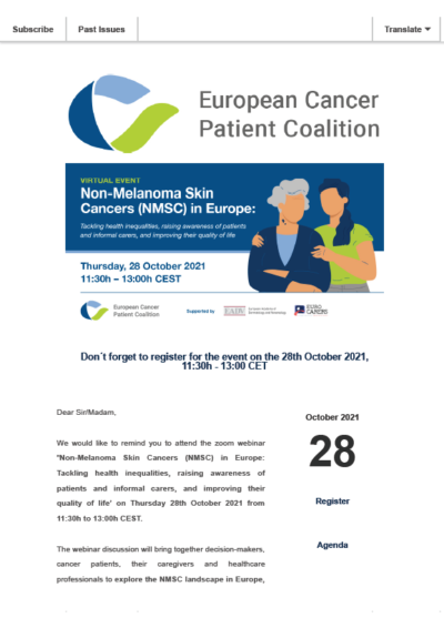 Save the date: NMSC in Europe:Tackling health inequalities, raising awareness of patients and informal carers, and improving their quality of life newsletter preview